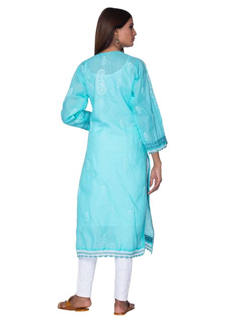 Seva Chikan Hand Embroidered Sea Green Cotton Lucknowi Chikan Kurta Sc