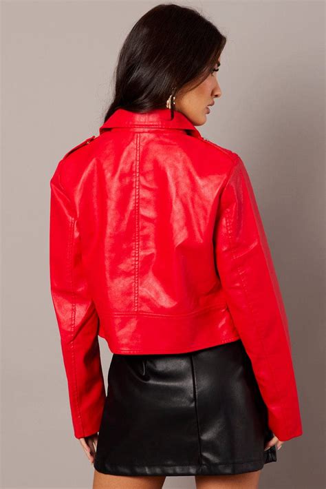 Red Faux Leather Biker Jacket Long Sleeves Ally Fashion