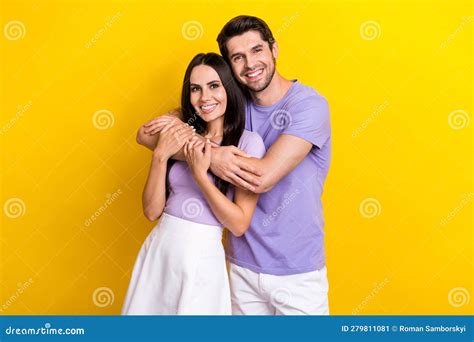 Portrait Of Two Positive Idyllic Partners Cuddle Toothy Smile Enjoy