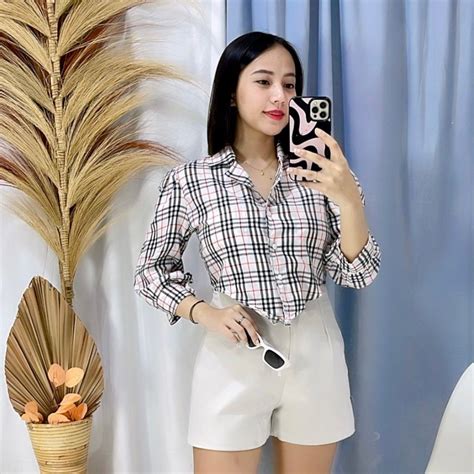 Atasan Kemeja Crop Puff Chia Kotak Lengan Panjang Bb Putih Fesyen