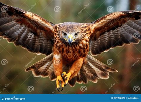 Hawk Hovering Mid Air With A Focused And Intense Gaze Stock Photo