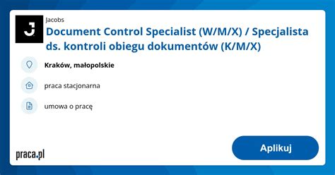 Archiwalna Oferta Nr 8697255 Document Control Specialist W M X