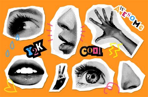 Retro Halftone Effect Collage Elements Set With Hands And Cutout Paper