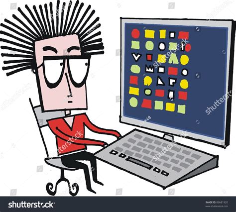 Vector Cartoon Of Geek Man Using Desktop Computer Shutterstock