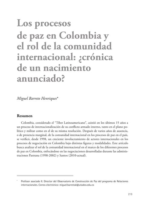 Pdf Los Procesos De Paz En Colombia Y El Rol De La Comunidad