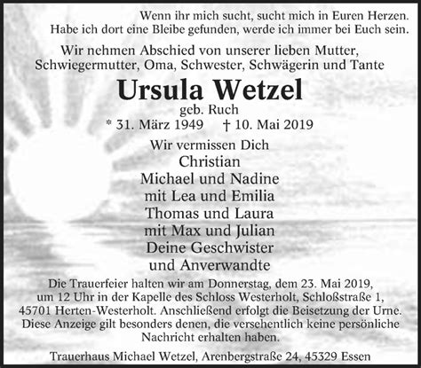 Traueranzeigen Von Ursula Wetzel Trauer In Nrw De