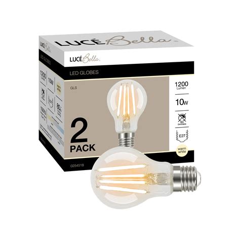 Luce Bella Gls Filament E27 Led 1200lm Warm White 10w Globe 2 Pack