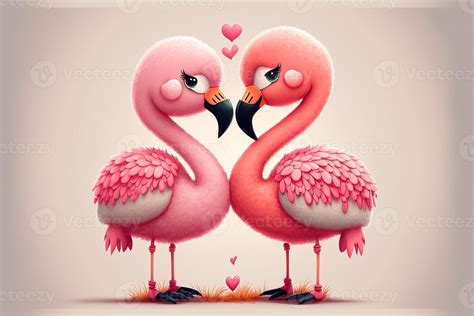 Generative Ai Cute Kawaii Couple Flamingos Kissing Valentines Day