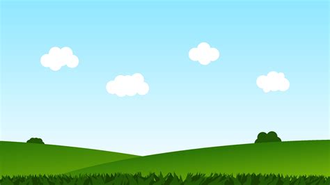 Landscape Cartoon Scene Green Field With White Cloud And Blue Sky