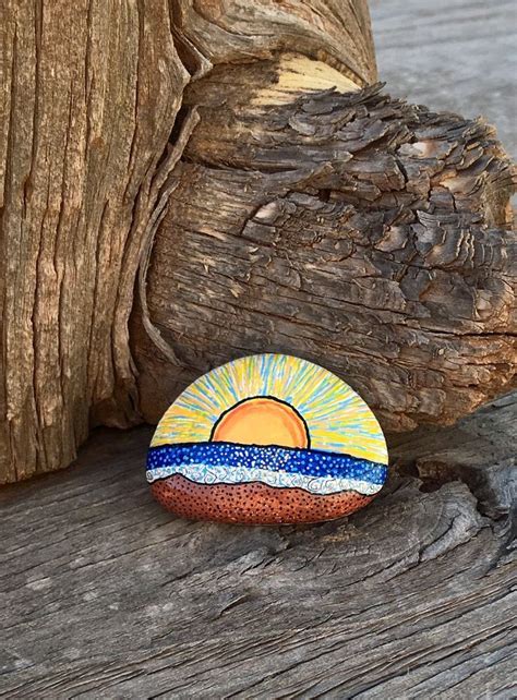 Searts Handpainted Art Stone Painted Rock Ocean Sunset Beach Art