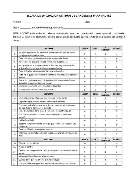 Escala De Evaluaci N De Tdah De Vanderbilt Para Padres Escala De