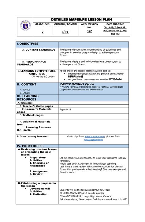 Detailed Mapeh PE Lesson PLAN G7 DETAILED MAPEH PE LESSON PLAN GRADE