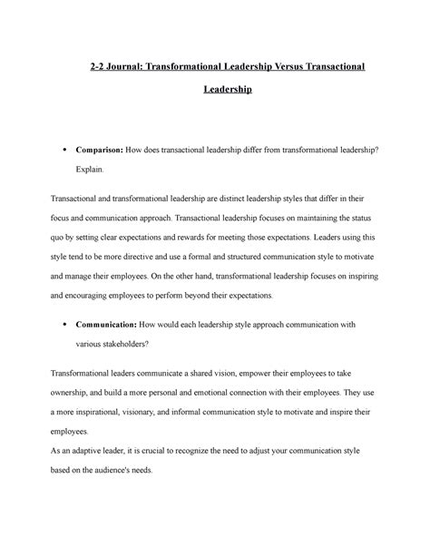 2 2 Journal Transformational Leadership Versus Transactional Leadership