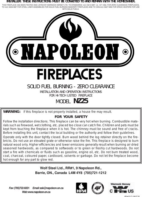 Napoleon Fireplaces Nz25 Users Manual W415 0071