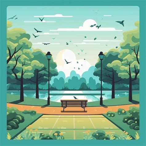 Premium AI Image | A cartoon of a park with a bench and a lamp post.