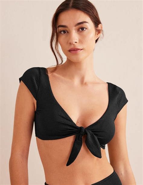 Cap Sleeve Tie Bikini Top Black Seersucker Texture Boden UK