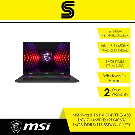 Msi Sword 16 Hx B14vekg 450 Gaming Laptop 16 Fhd Ips 144hzi7