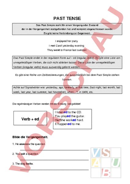 Arbeitsblatt Past Simple Englisch Grammatik