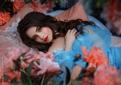 Portrait Fantasy Woman Sleeping Beauty Lies On Comfortable Bed Soft