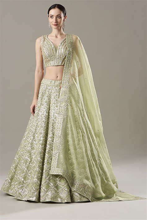 Soft Lime Embroidered Mughal Jharokha Bridal Lehenga Set By Varun