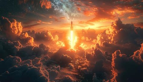 Rocket Launch Through Dramatic Sunset Clouds Premium Ai Generated Image