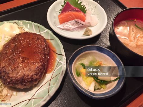 Japanese Hambagu Set Lunch With Sashimi And Miso Soup Stock Photo