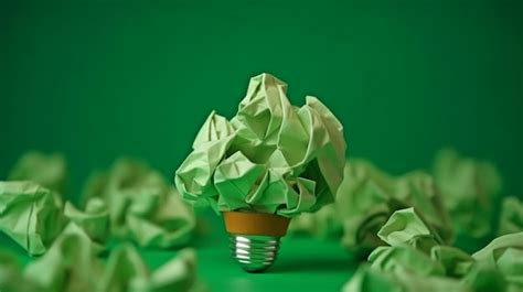 Premium AI Image | Bulb of crumpled green paper with a green background representing corporate ...