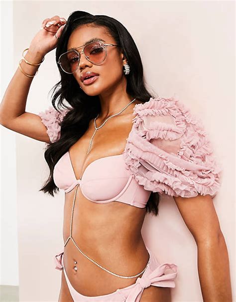 Asos Luxe Puff Sleeve 3d Lace Bikini Top In Mink Asos