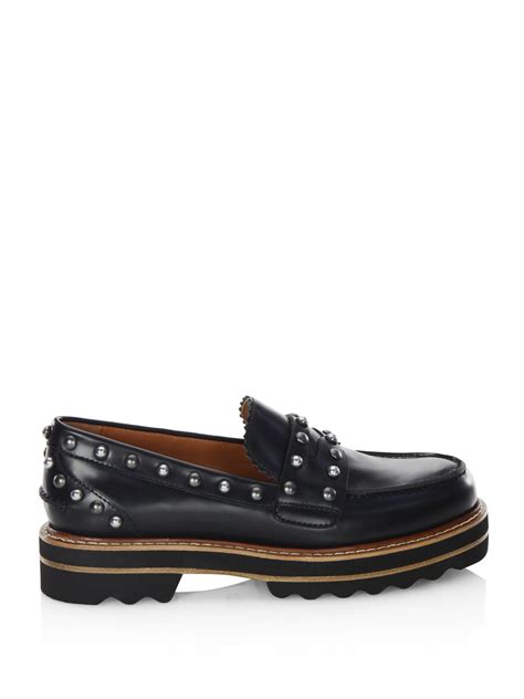 COACH Lenox Studded Leather & Shearling Platform Loafers in Black - Lyst