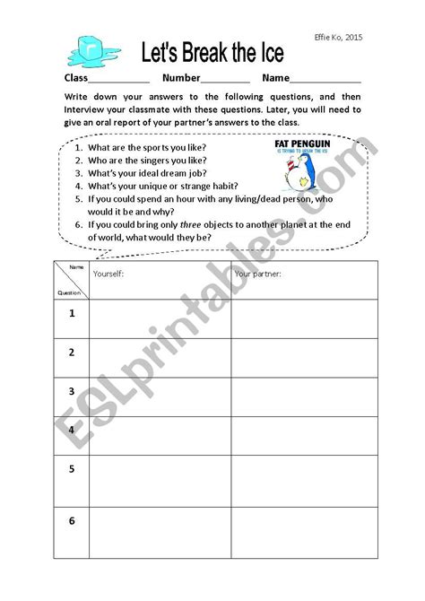 Ice-breaking activity - ESL worksheet by effieke