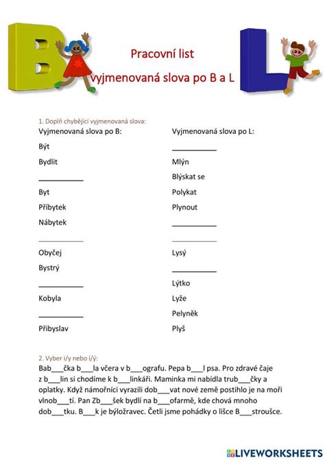 Pracovní list vyjmenovaná slova po B a L worksheet Workbook