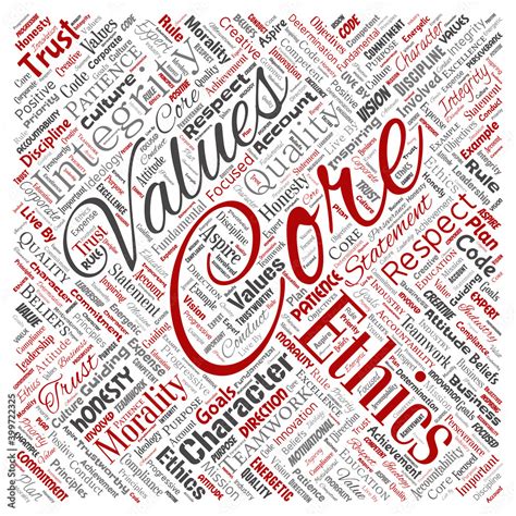 Vector conceptual core values integrity ethics square red concept word cloud isolated background ...