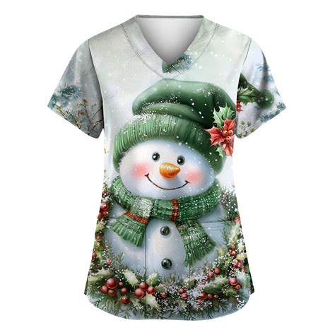 Stlshzgo Womens Plus Size Christmas Scrub Tops Short Sleeve Nurse Tops