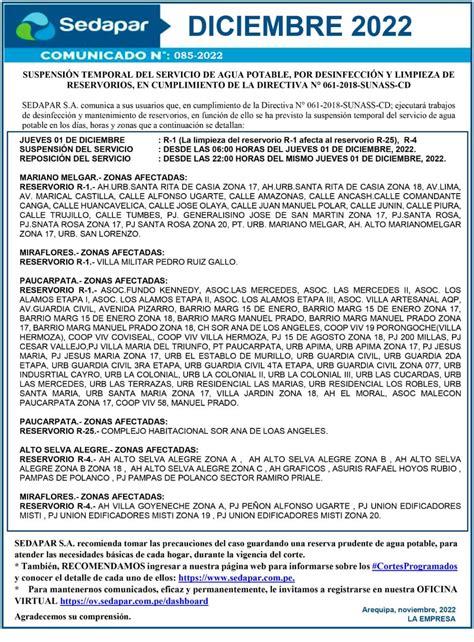 Arequipa Sedapar Anuncia Cortes De Agua En 4 Distritos Del Jueves 1