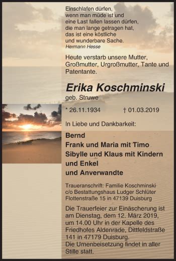 Traueranzeigen Von Erika Koschminski Trauer In Nrw De