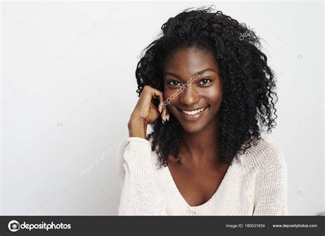 Young African Woman Smiling Camera Portrait — Stock Photo © sanneberg ...