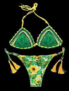 Sun Flower Print Crocheted Bikini Set In Green M Zaful