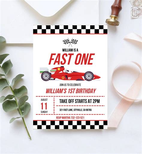 Editable Fast One Race Car 1st Birthday Invitation Race Car Fast One