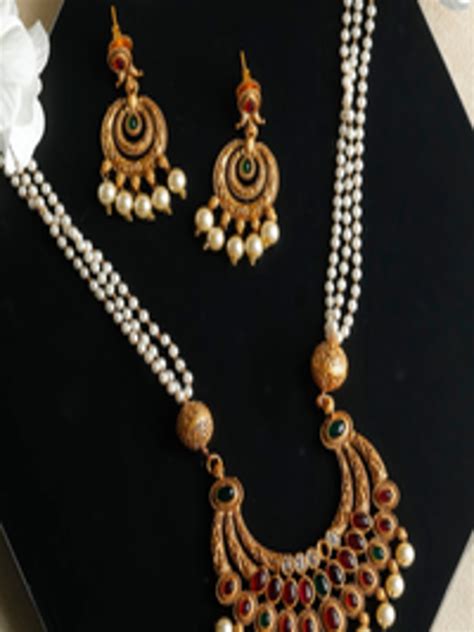 Buy Priyaasi Gold Plated Red White Stone Studded Pearl Beaded