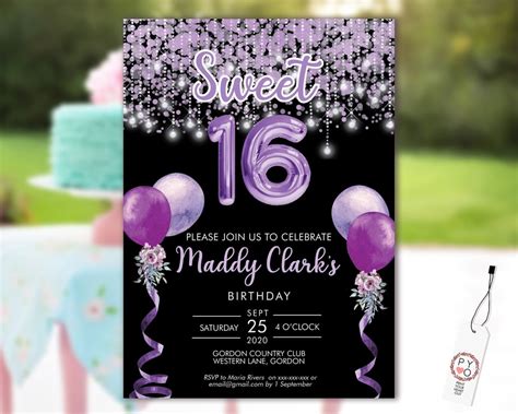 Sweet 16 Party Invitation Printable Template Black Editable Invitation