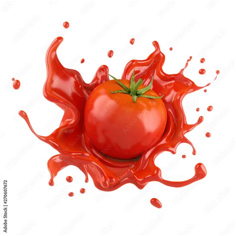 Red Tomato With Juice Or Ketchup Splash Isolated On White Background 3d