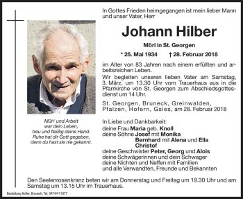 Traueranzeigen Von Johann Hilber Trauer Bz