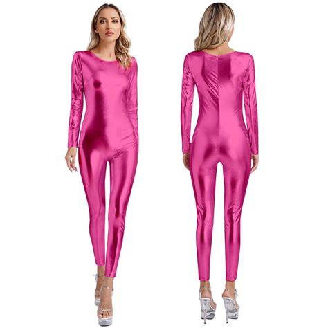 Iiniim Womens Shiny Bodysuits One Piece Full Body Suits Party Dance Footless Catsuits Hot Pink