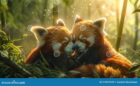 Vivid Depiction Of Two Red Pandas Frolicking In A Bamboo Forest Under