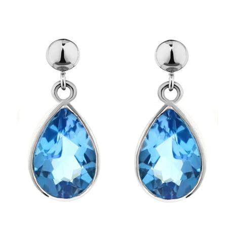 9ct White Gold Pear 9x7mm Blue Topaz Drop Earrings Jewellery From Mr