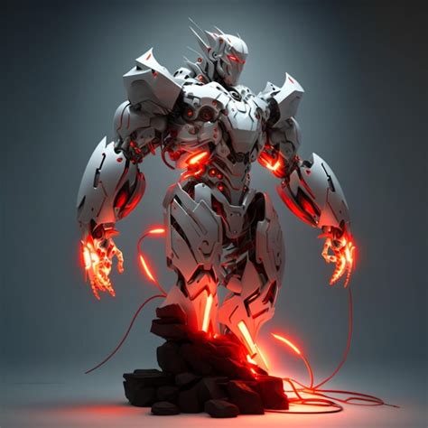 Premium AI Image A Robot With Red Lights On Stands On A Gray Background