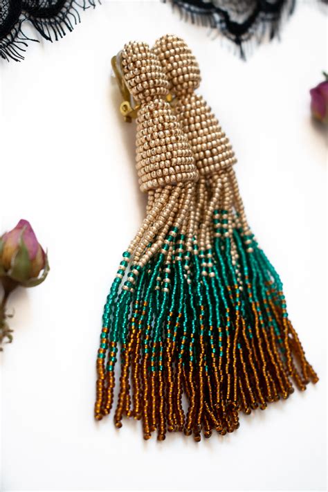 Gold Green Brown Beaded Tassel Earrings Oscar De La Renta Style Clip On