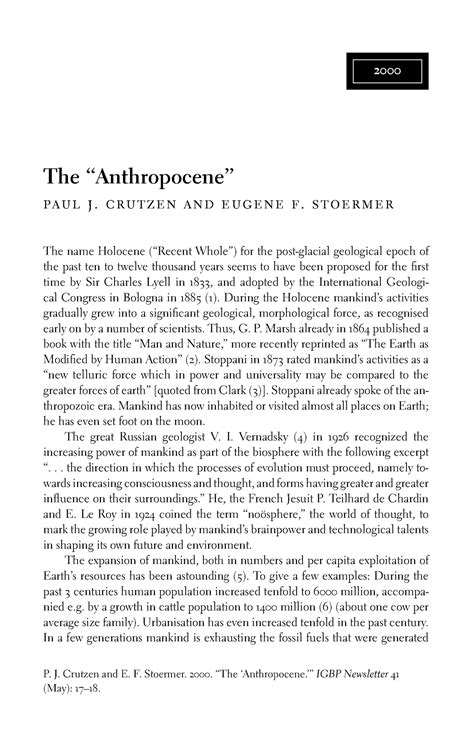 P J Crutzen And E F Stoermer The Anthropocene The