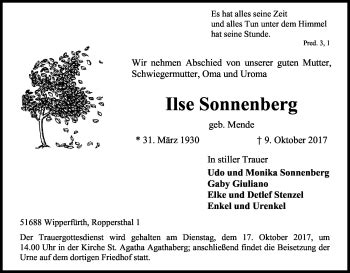 Traueranzeigen Von Ilse Sonnenberg Wirtrauern