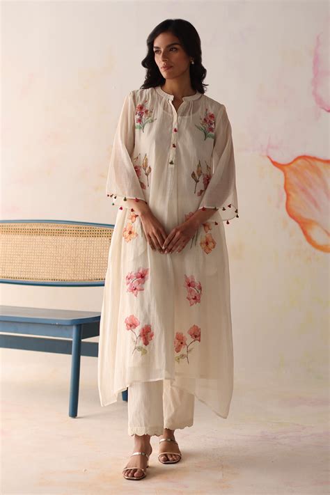 Buy Ivory Kurta Chanderi Silk Applique Hand Embroidered Cutdana Pant